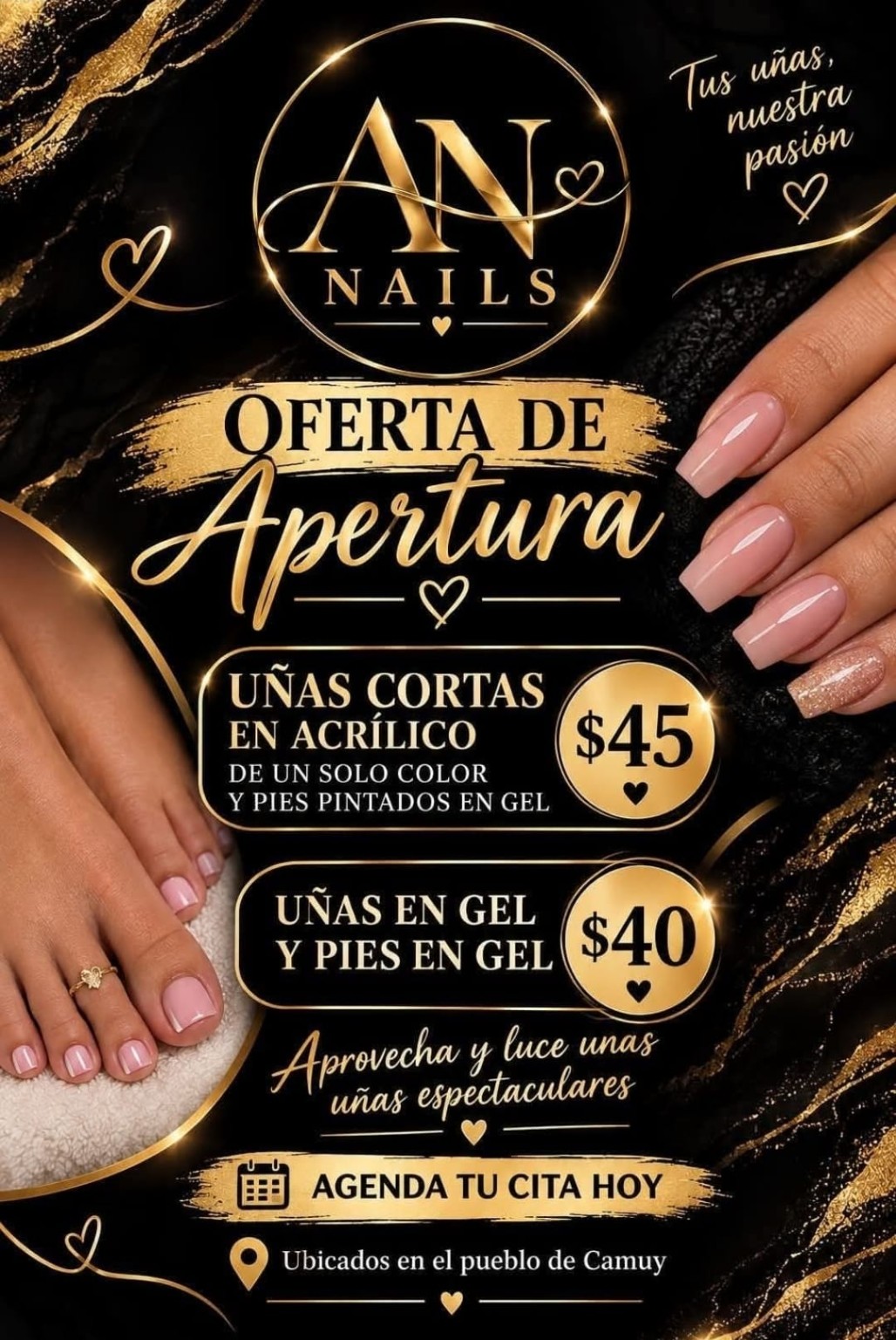 Promoción original de AN Nails: uñas cortas en acrílico de un color y pies en gel por 45 dólares; uñas en gel y pies en gel por 40 dólares.